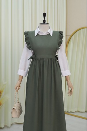 Waist Tied Ruffle Detailed Vest Dress -Khaki
