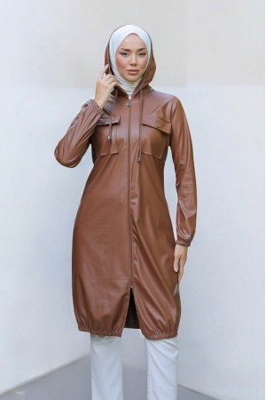 Kapaklı Cepli Boydan Fermuarlı Deri Kap -Taba