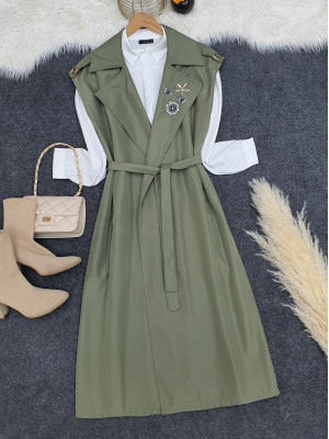 Taşlı Borş Detaylı Bonding Yelek -Haki