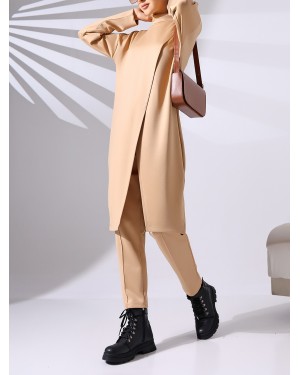 Stand Collar Front Double Layer Tunic Trousers Scuba Suit -Mink color