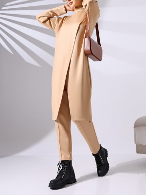 Dik Yaka Önü Çift Kat Tunik Pantolon Scuba Takım -Vizon