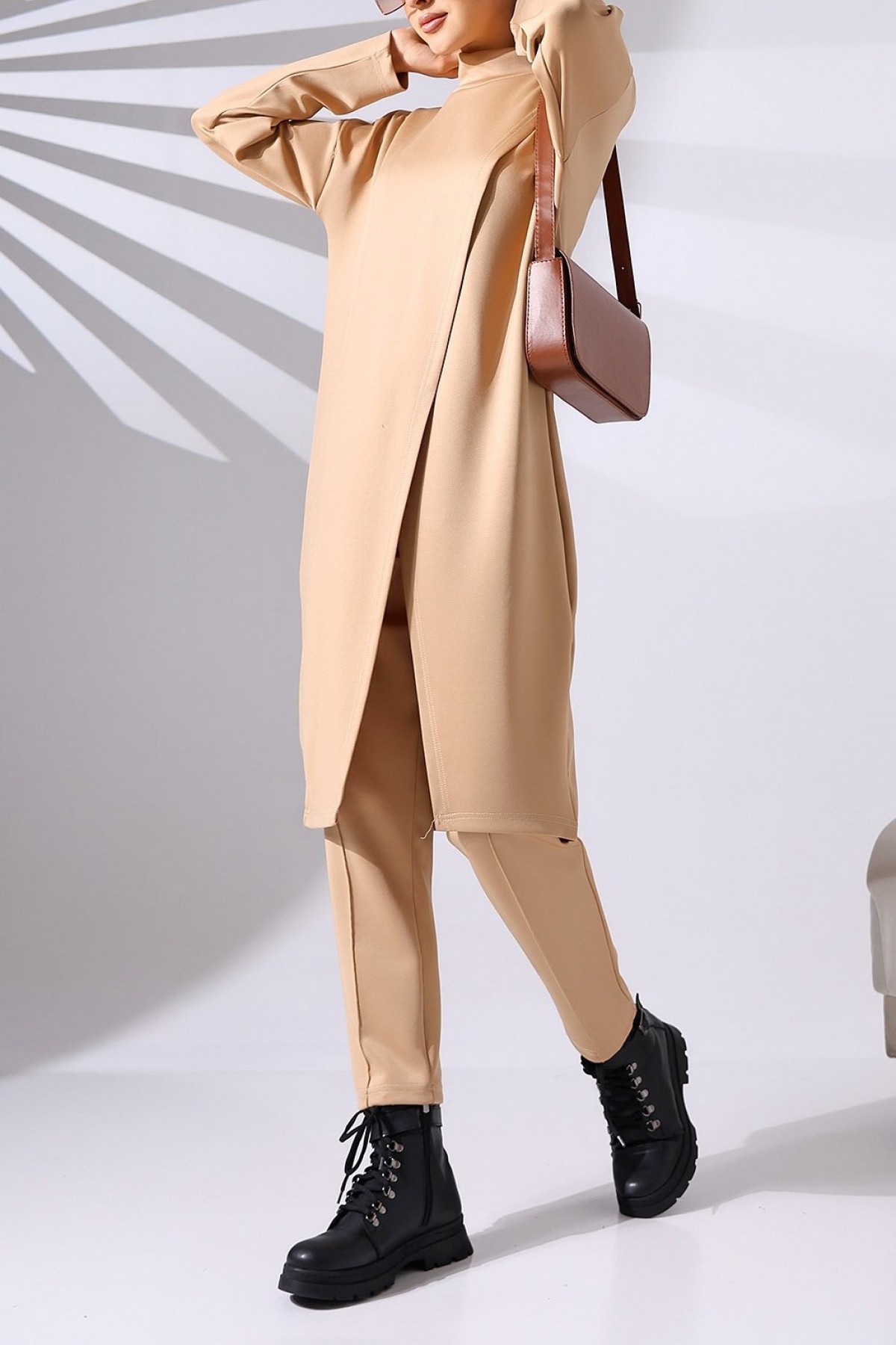 Stand Collar Front Double Layer Tunic Trousers Scuba Suit -Mink color