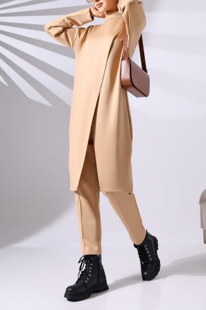 Dik Yaka Önü Çift Kat Tunik Pantolon Scuba Takım -Vizon