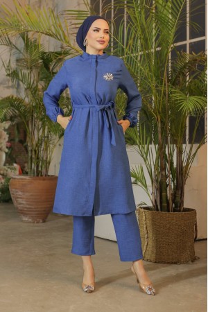 Broşlu Keten Tunik -İndigo