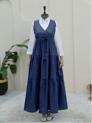 Tunnel Laced V Neck Denim Vest -İndigo