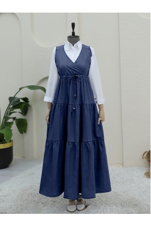 Tünel Bağcıklı V Yaka Kot Jile -İndigo