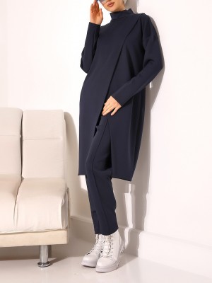 Dik Yaka Önü Çift Kat Tunik Pantolon Scuba Takım -Siyah