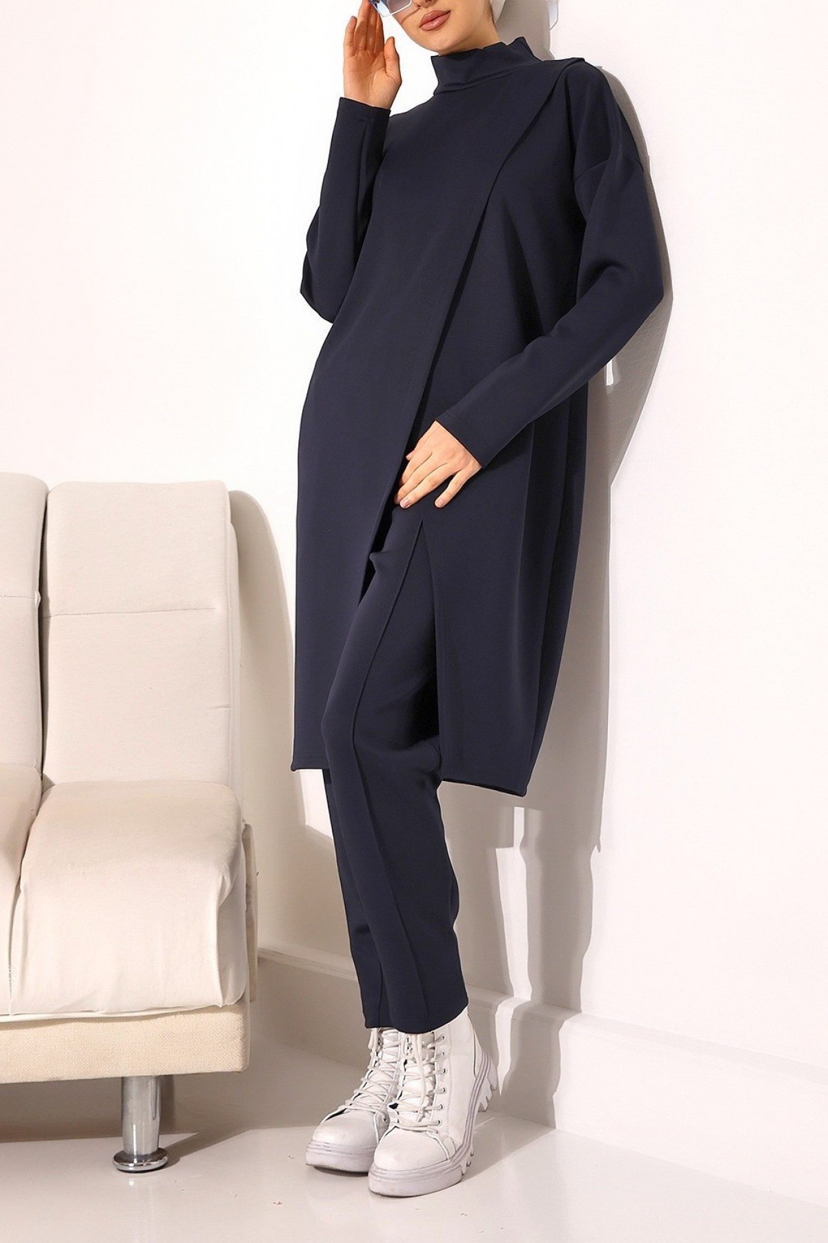 Stand Collar Front Double Layer Tunic Trousers Scuba Suit -Black