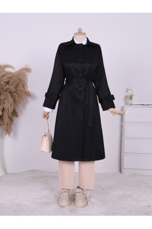 Düğmeli Beli Bağcıklı Kolu Apoletli Trençkot -Siyah