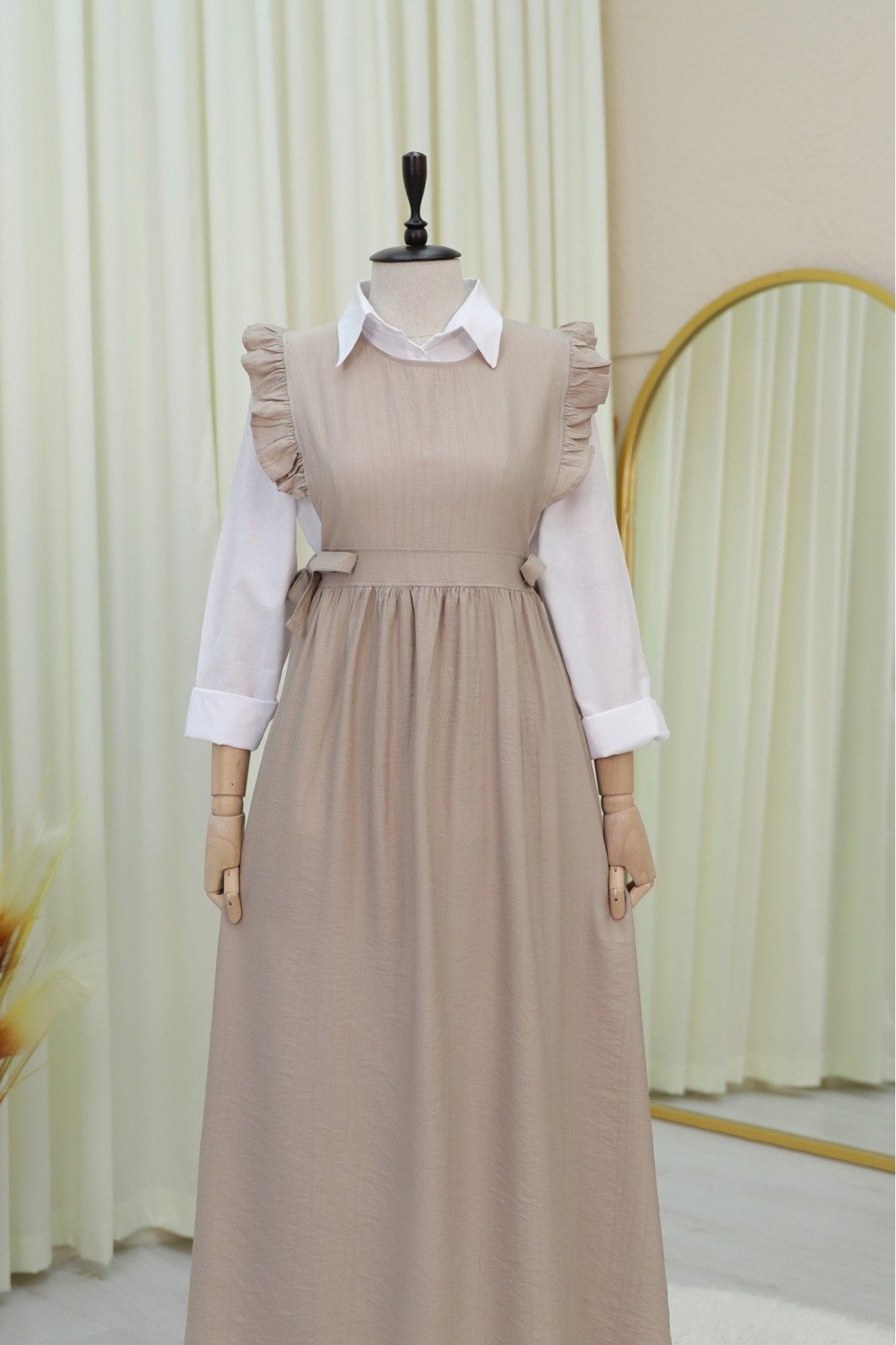 Waist Tied Ruffle Detailed Vest Dress -Mink color
