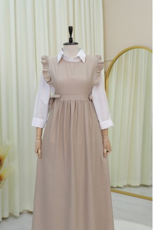 Waist Tied Ruffle Detailed Vest Dress -Mink color