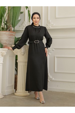 فستان من الكتان بحزام وياقة حجرية وأكمام مجمعة -أسود