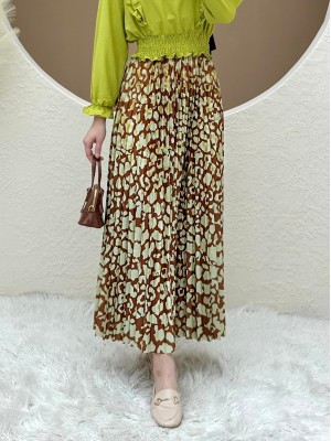 Dijital Baskılı Pliseli Etek -Taba