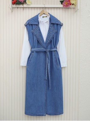 Belted Denim Vest with Stone Detail on the Front -Blue