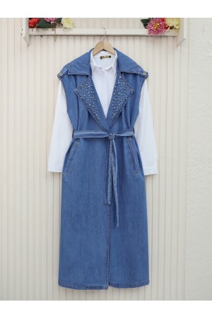 Önü Taş Detaylı Kemerli Kot Yelek -Mavi