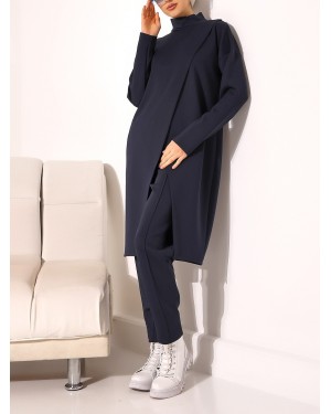 Stand Collar Front Double Layer Tunic Trousers Scuba Suit -Navy blue