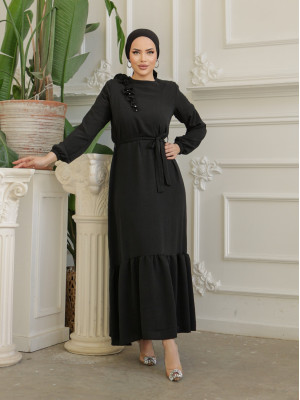 Ruffle Stone Detailed Piece Skirt Belted Ayrobin Dress -Black