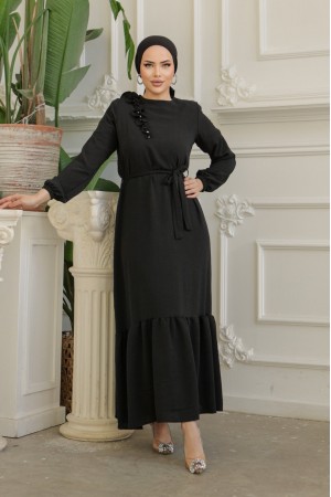 Ruffle Stone Detailed Piece Skirt Belted Ayrobin Dress -Black