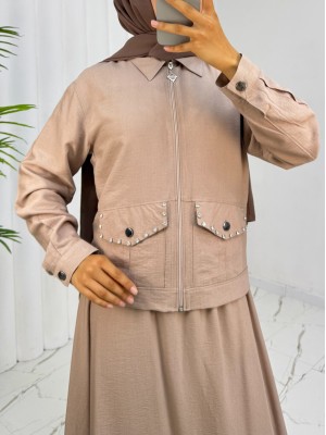 Fermuarlı Ceketli Beli Lastikli Etekli Keten Takım  -Vizon