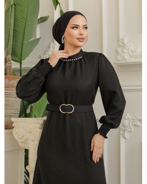 Belted Linen Dress with Stone Collar, Gathered Sleeves -Black