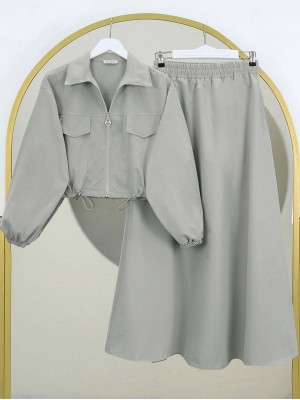 Beli Lastikli Etekli Takım  -Gri