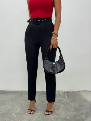 Kalın Kemerli Kumaş Pantalon  -Siyah
