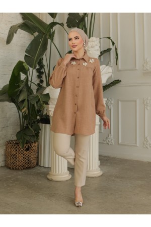 تونيك من الكتان مع رداء مُجمَّع وزخارف خاصة -تدرجات البيج