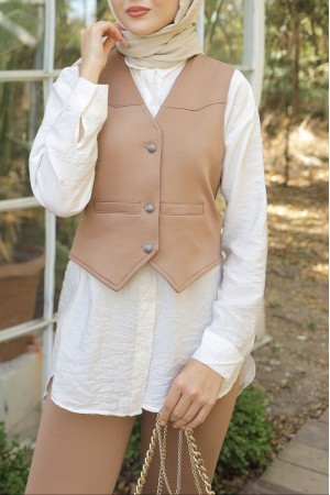 Cep Detaylı Düğmeli Scuba Yelek -Vizon