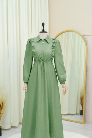 Half Buttoned Tunnel Laced Dress with Ruffle Front -LIGHT GREEN