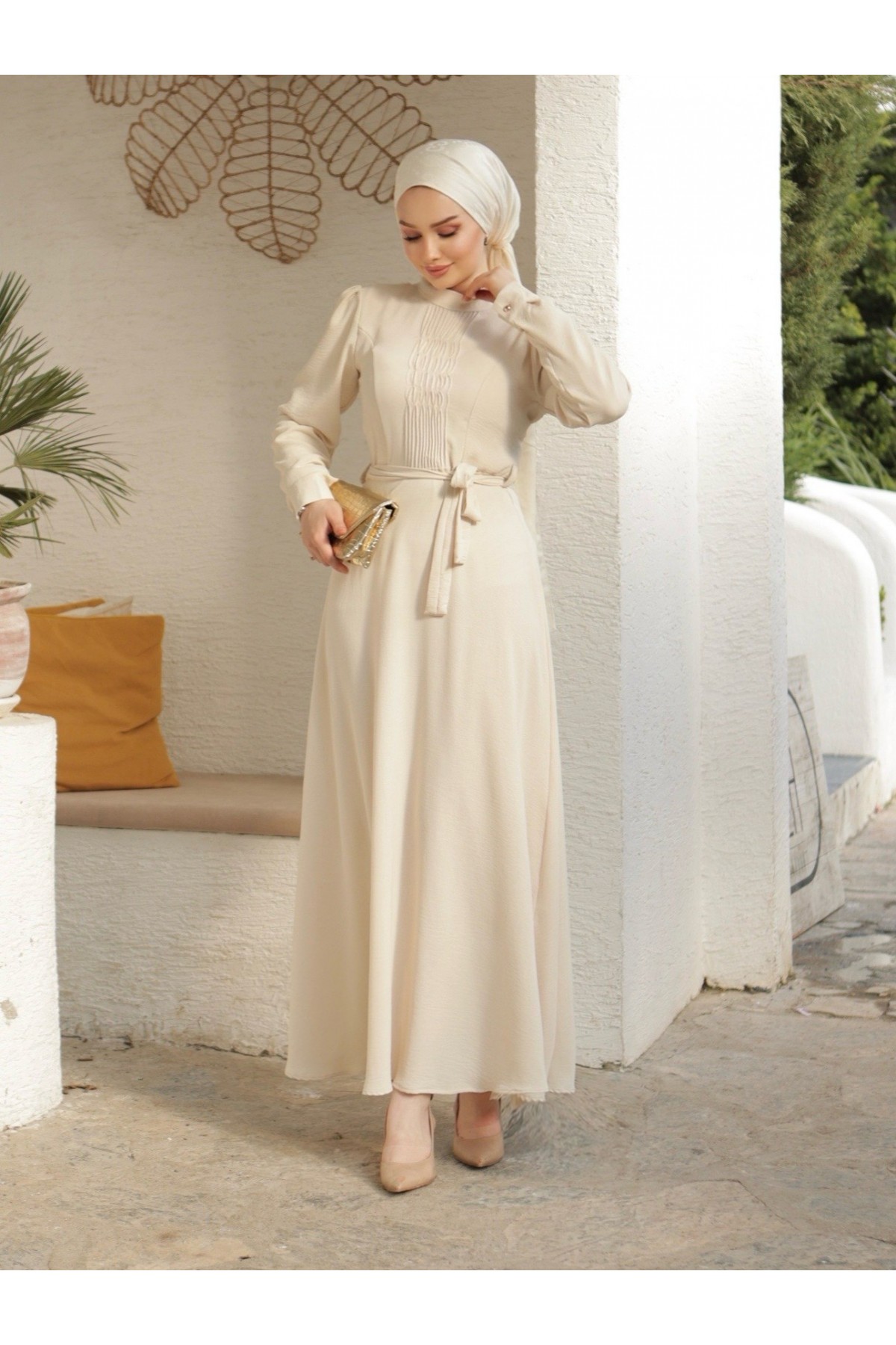 Belted Ayrobin Dress with Çima Detail -Cream color