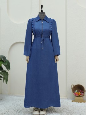 Yarım Fermuarlı Tünel Bağcıklı Kot Elbise -İndigo