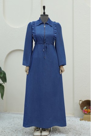 فستان جينز بنصف سحاب وربطة عنق -اللون النيلي