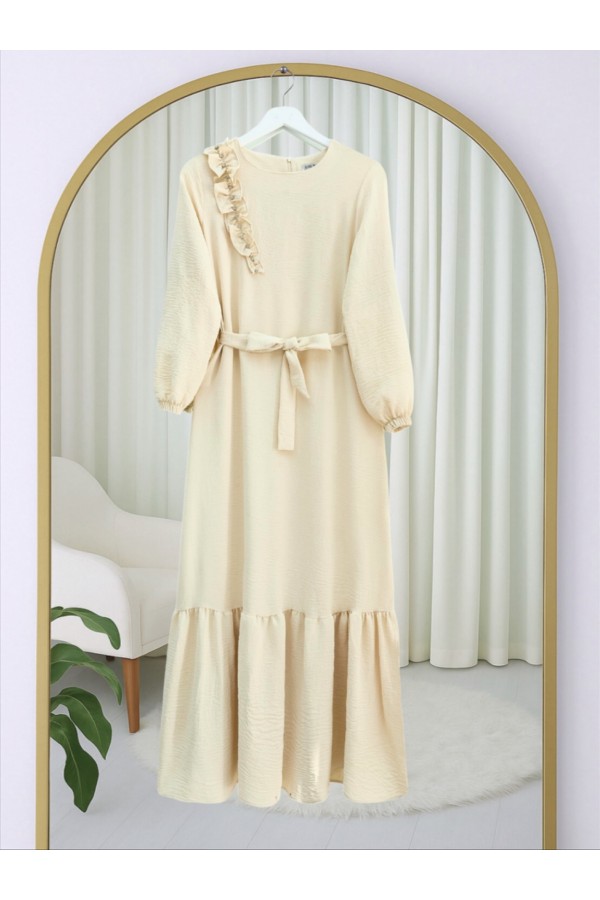 Ruffle Stone Detailed Piece Skirt Belted Ayrobin Dress -Ecru