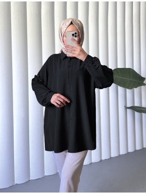 Kolları Taşlı Fırfırlı salaş Ayrobin Tunik  -Siyah