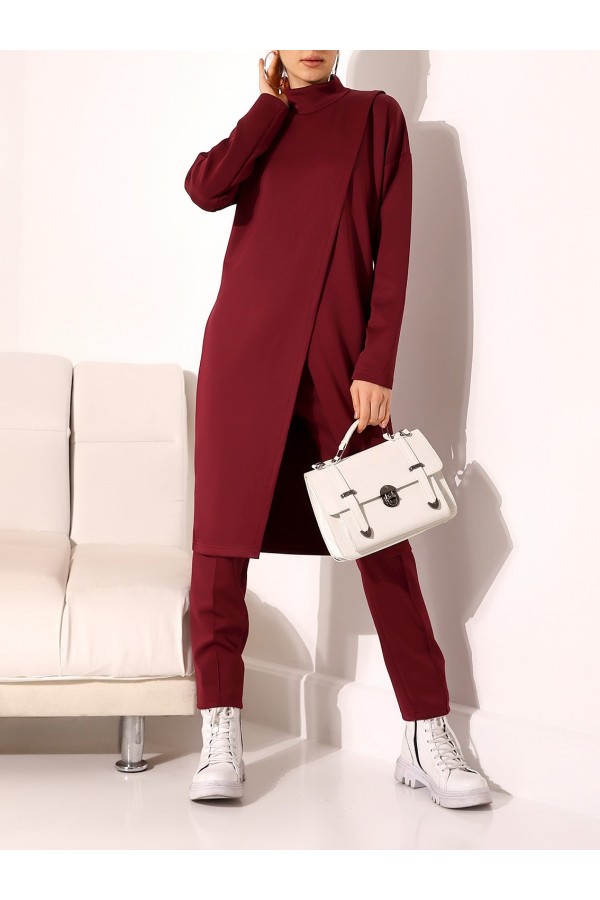 Stand Collar Front Double Layer Tunic Trousers Scuba Suit -Maroon