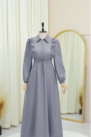 Half Buttoned Tunnel Laced Dress with Ruffle Front -Grey