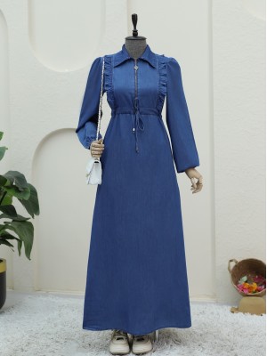 Yarım Fermuarlı Tünel Bağcıklı Kot Elbise -İndigo