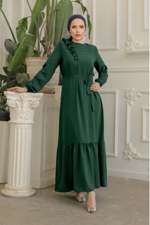 Ruffle Stone Detailed Piece Skirt Belted Ayrobin Dress  -Emerald