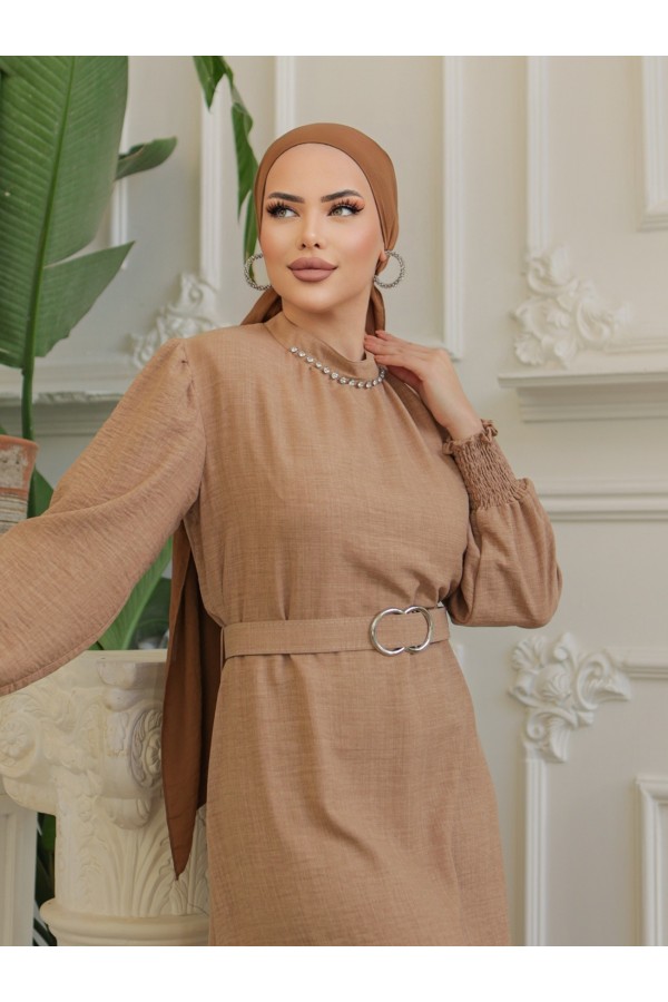 Belted Linen Dress with Stone Collar, Gathered Sleeves  -Mink color