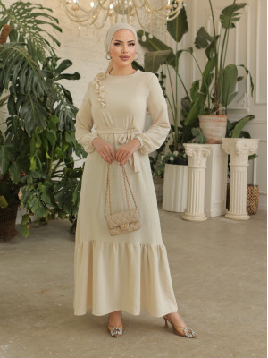Ruffle Stone Detailed Piece Skirt Belted Ayrobin Dress -Ecru
