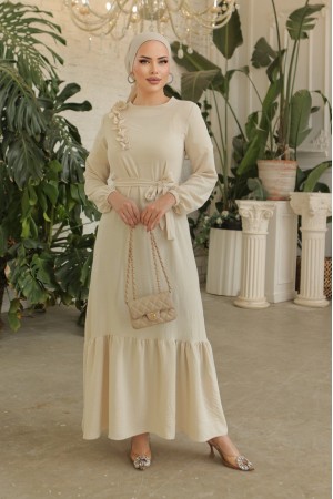 Ruffle Stone Detailed Piece Skirt Belted Ayrobin Dress -Ecru