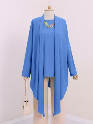 Shawl Collar Asymmetric Cut Necklace Crinkle Tunic  -Dark blue