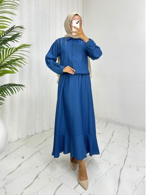 Omuzu Taşlı Düğmeli Ceket Etek Keten Takım -Mavi