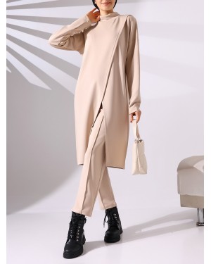 Stand Collar Front Double Layer Tunic Trousers Scuba Suit - Beige