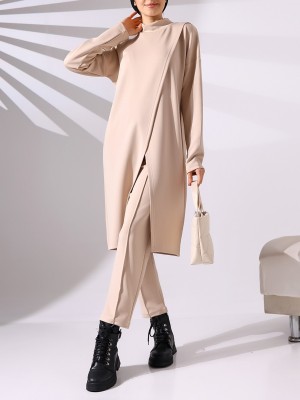 Dik Yaka Önü Çift Kat Tunik Pantolon Scuba Takım -Bej