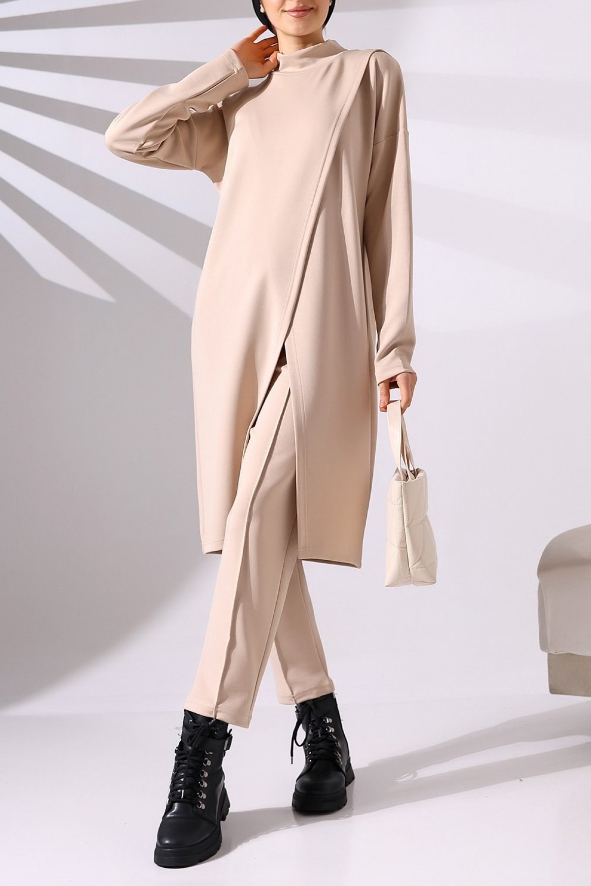 Stand Collar Front Double Layer Tunic Trousers Scuba Suit - Beige