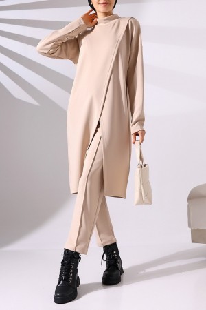 Dik Yaka Önü Çift Kat Tunik Pantolon Scuba Takım -Bej