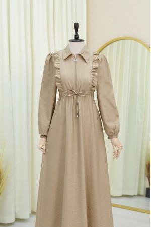 Half Buttoned Tunnel Laced Dress with Ruffle Front  -Cinnamon