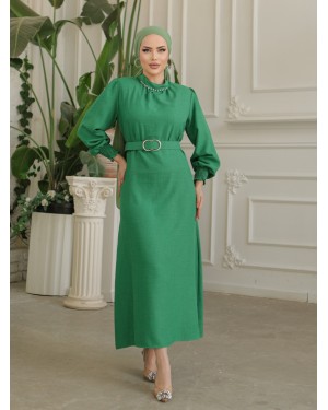 Belted Linen Dress with Stone Collar, Gathered Sleeves -Dark green