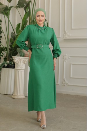 فستان من الكتان بحزام وياقة حجرية وأكمام مجمعة  -الأخضر الغامق
